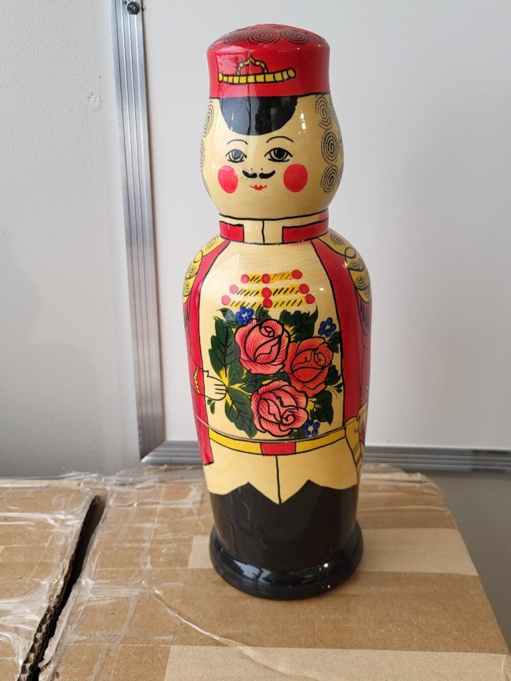 Vintage Matryoshka Soldier Russian Hand Painted Doll Vodka Bottle Holder BIN D